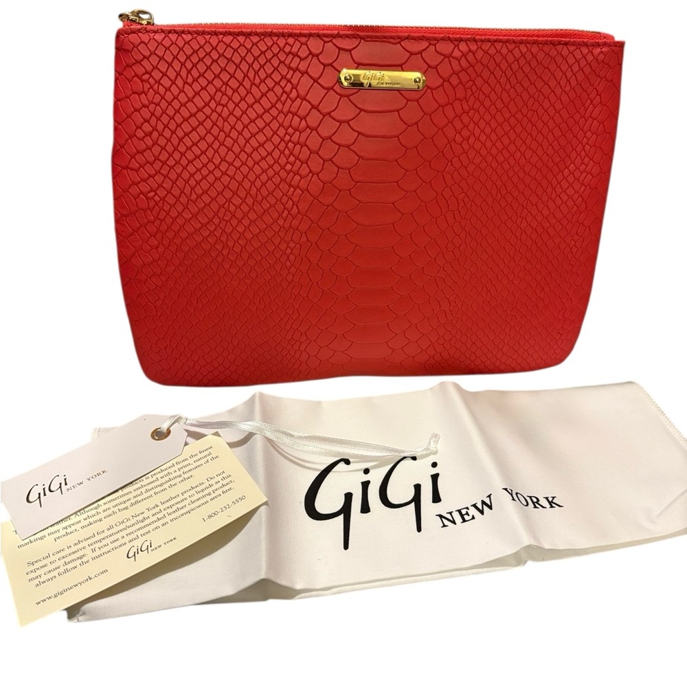 NWT GiGi New York Leather Clutch Magenta Python Embossed w Tassel